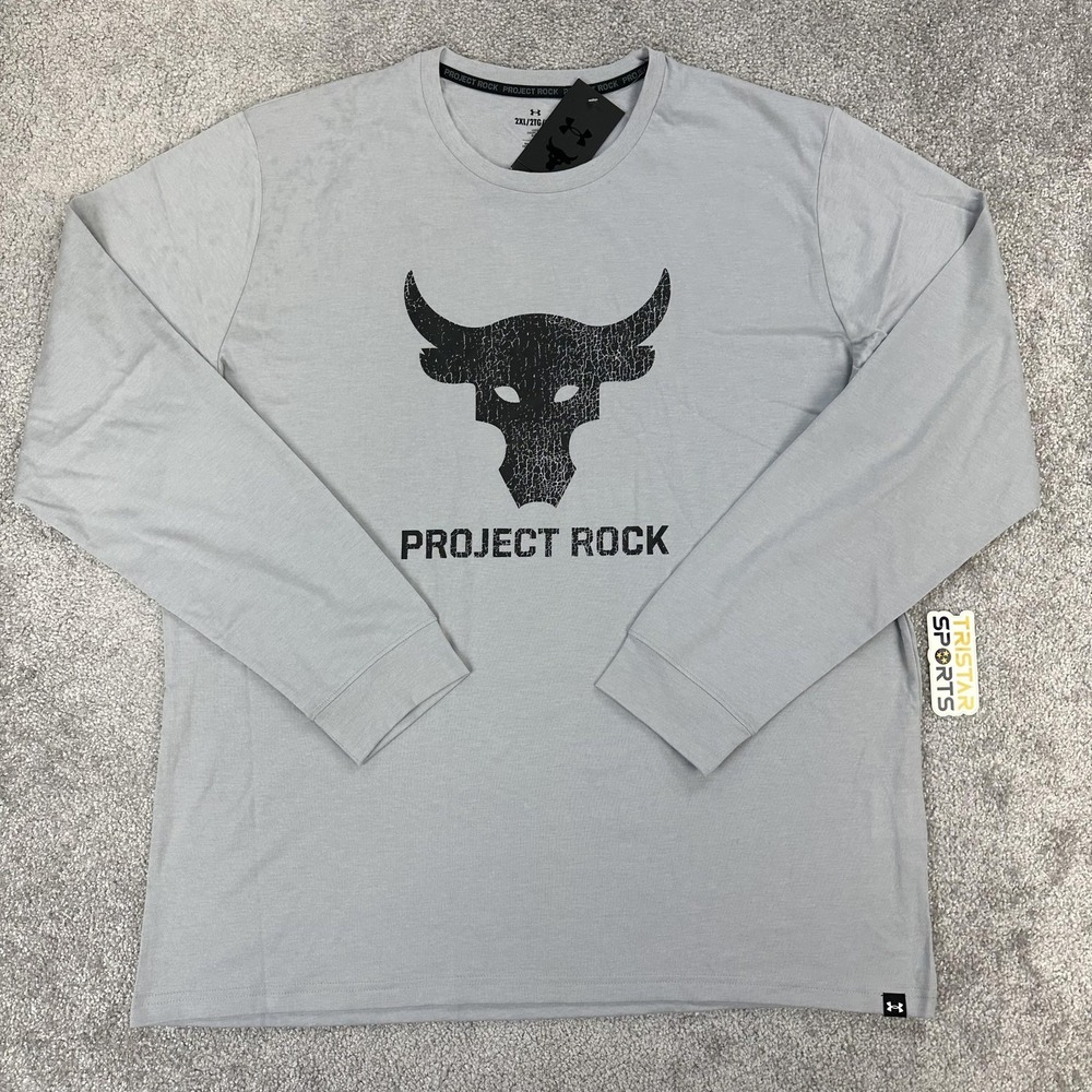 Under Armour Project Rock Shirt Mens 2XL Gray Brahma Bull Long Sleeve Loose